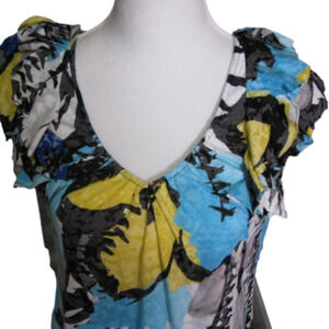 Inc Blue/Yellow Patterned Sleeveless Ruffle V-Neck Size Medium
